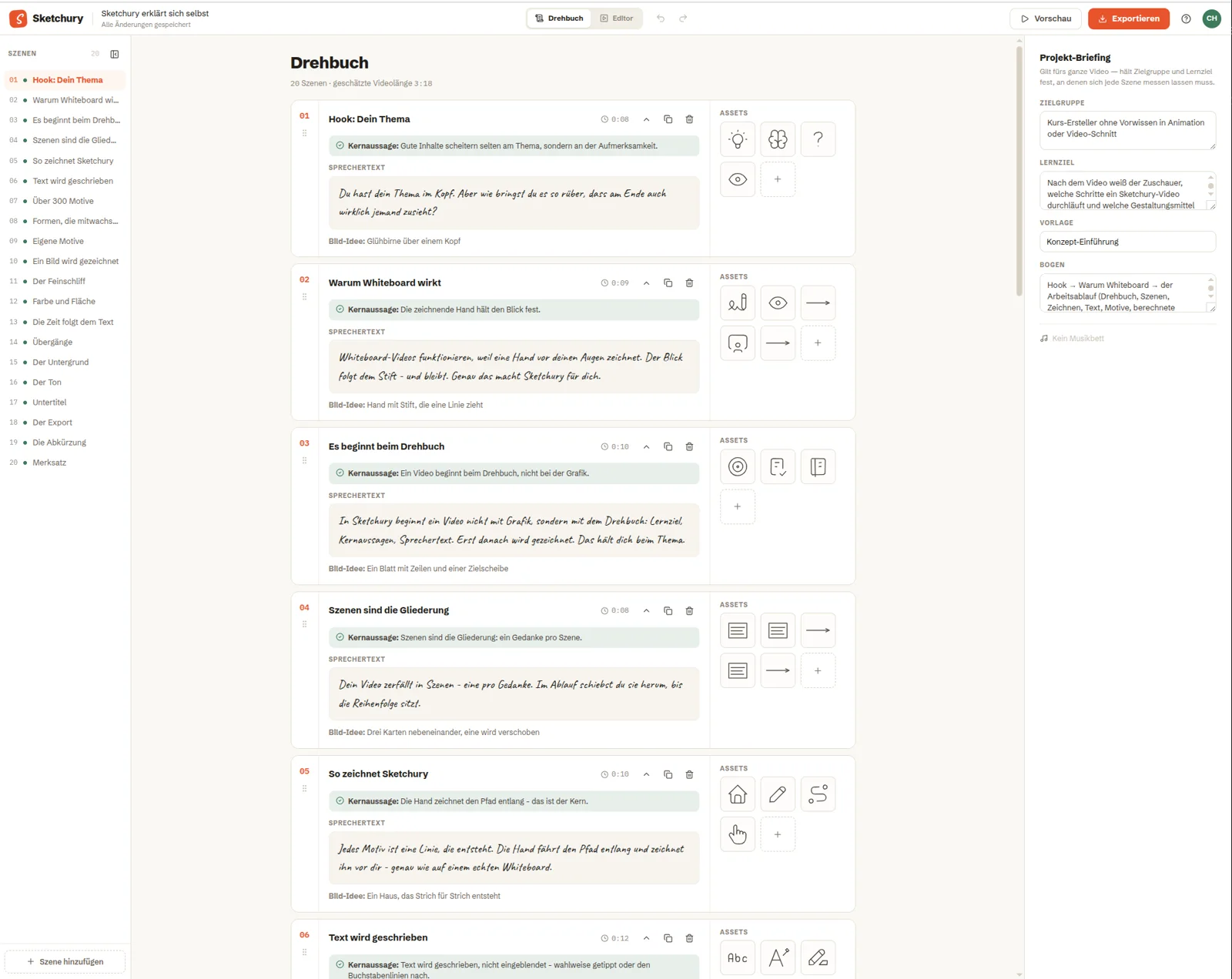 Die Drehbuch-Ansicht mit Szenenliste, Kernaussagen und Sprechertext