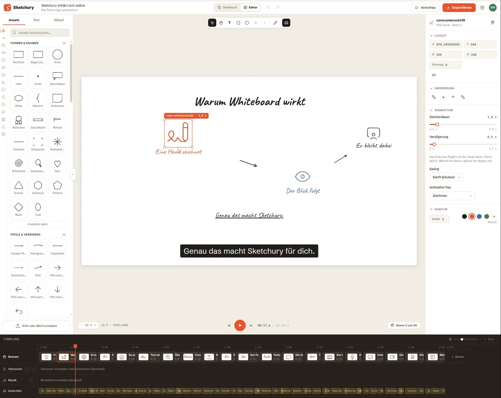 Der Editor mit Zeichenfläche, Eigenschaften-Panel und Timeline
